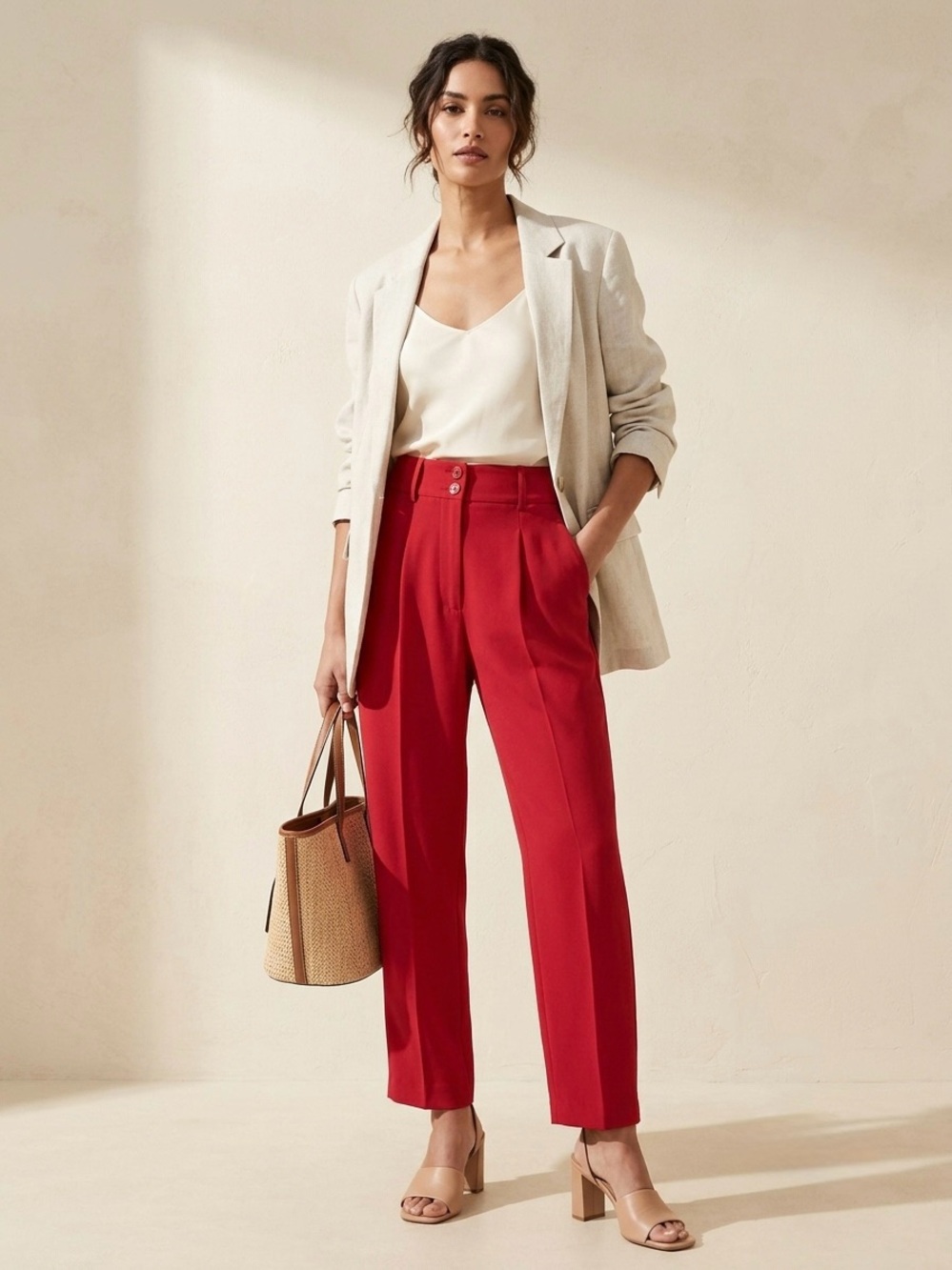 Tara Jarmon Red High Waisted Pleated Crepe Trousers Pants FR 34 US 2